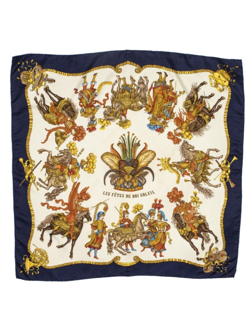 ★SOLD★ Hermes Scarf Navy Beige 100% Gold Jacquard Silk - Picture 2 of 5